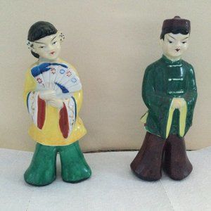 lot of 2 hand painted figurines Asian Chinese? woman and man 6 5/8" tall
